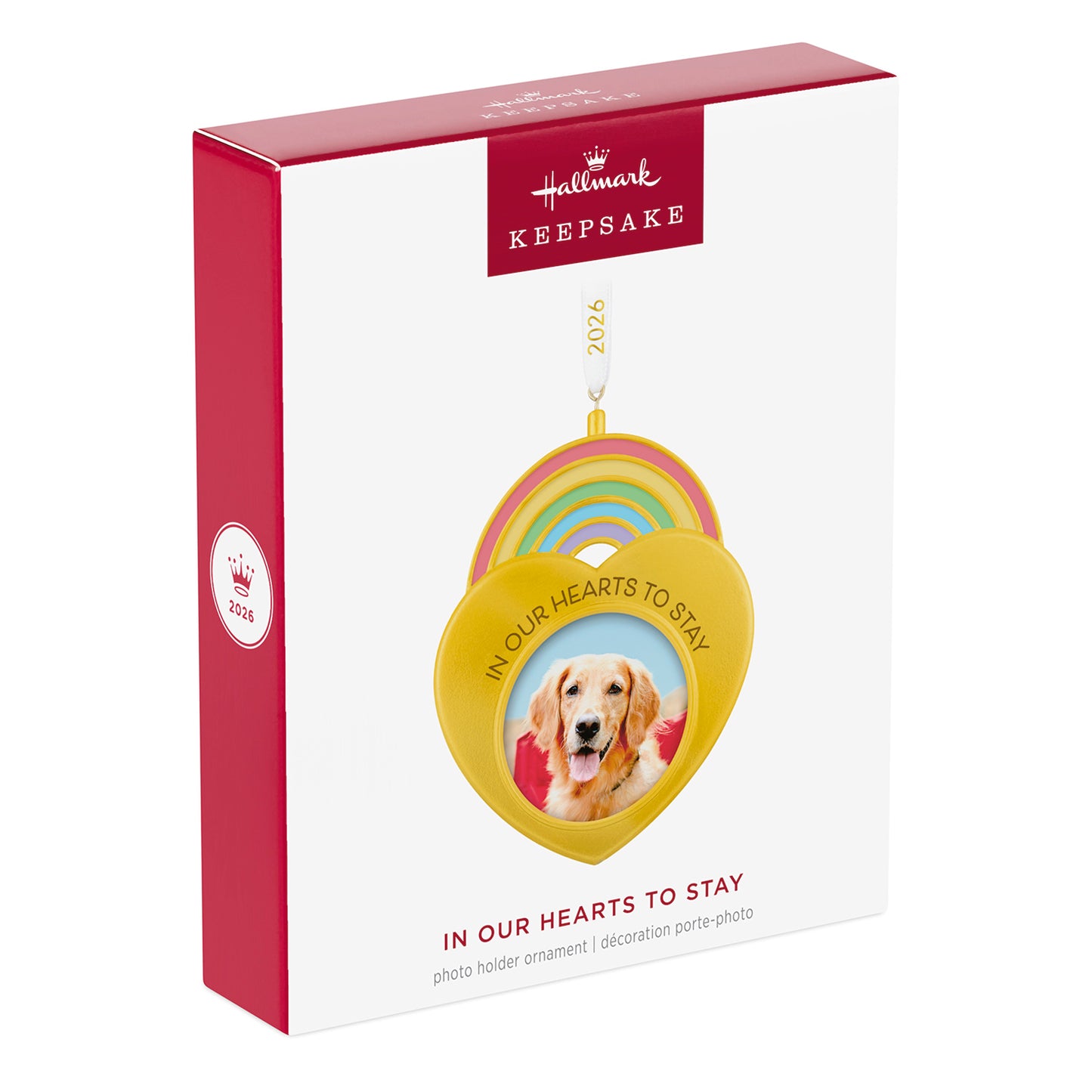 In Our Hearts to Stay 2026 Photo Frame — 2026 Hallmark Keepsake Christmas Ornament in packaging featuring a round dog photo holder with rainbow design.