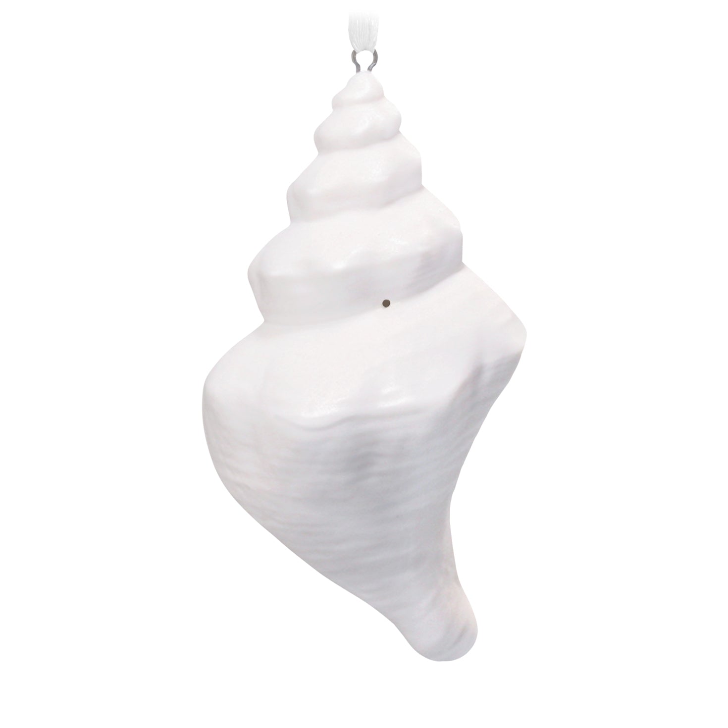 Forever in our hearts shell 2026, porcelain Christmas ornament, white conch shell design and smooth finish, hanging view.
