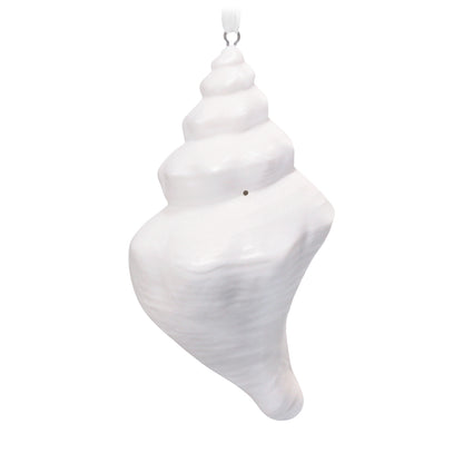 Forever in our hearts shell 2026, porcelain Christmas ornament, white conch shell design and smooth finish, hanging view.