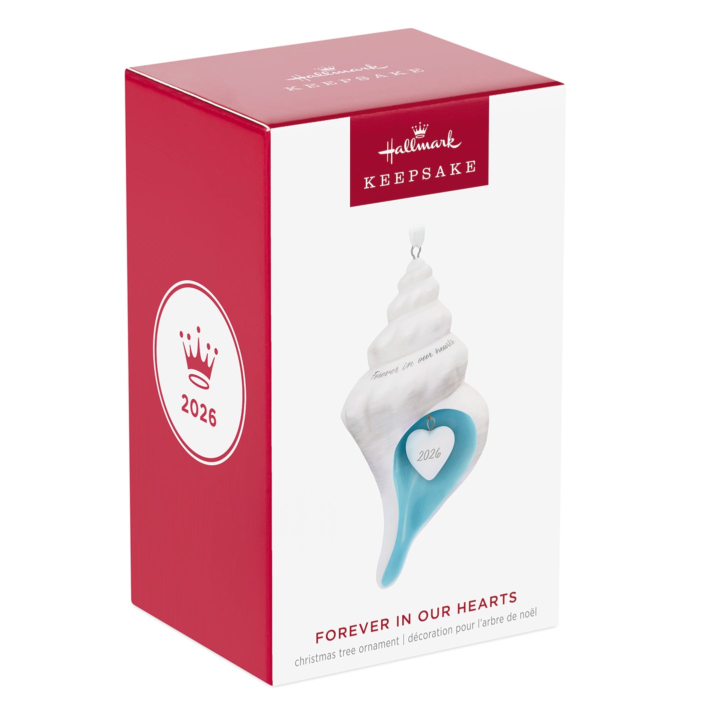 Forever in Our Hearts Shell 2026, porcelain — 2026 Hallmark Keepsake Christmas Ornament in decorative packaging with a red design.