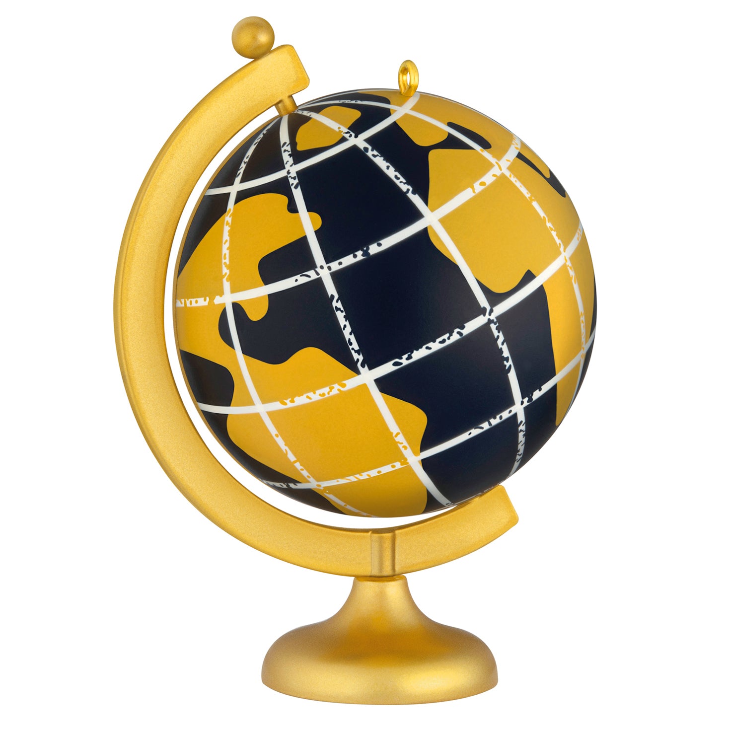 Look Out, World! 2026 Photo Frame — 2026 Hallmark Keepsake Christmas Ornament, gold globe design, detailed continents on a black base, angled view.