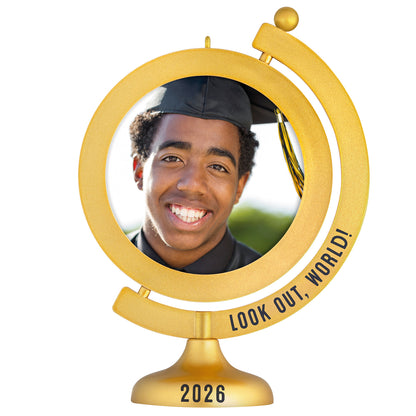 Look Out, World! 2026 photo frame — gold globe ornament with a smiling graduate, showcasing the year 2026.