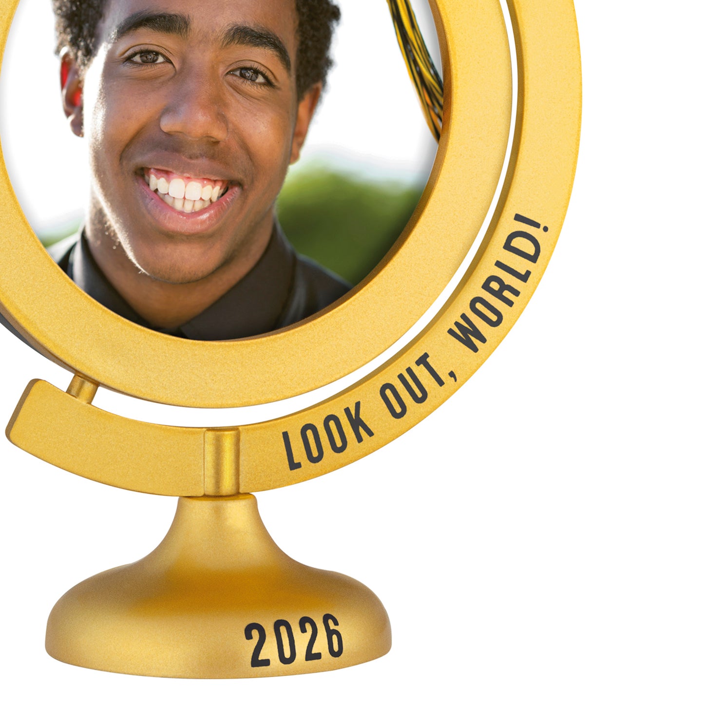 Look Out, World! 2026 photo frame — 2026 Hallmark Keepsake Christmas Ornament in gold with smiling graduate's photo.