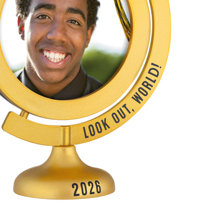 Look Out, World! 2026 photo frame — 2026 Hallmark Keepsake Christmas Ornament in gold with smiling graduate's photo.