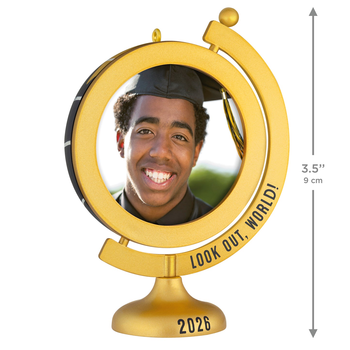 Look Out, World! 2026 photo frame — 2026 Hallmark Keepsake Christmas Ornament in a gold globe design with a smiling graduate.