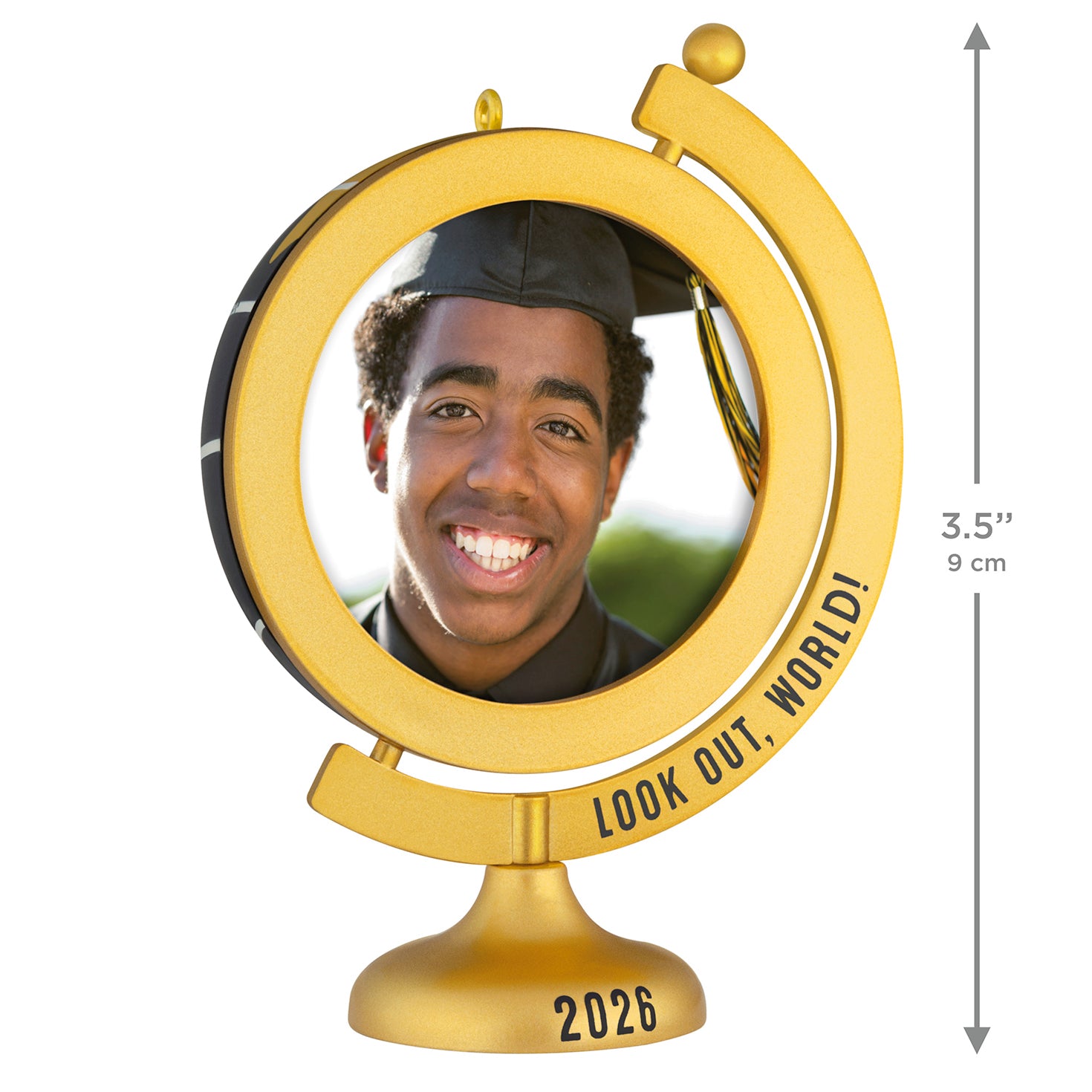 Look Out, World! 2026 photo frame — 2026 Hallmark Keepsake Christmas Ornament in a gold globe design with a smiling graduate.