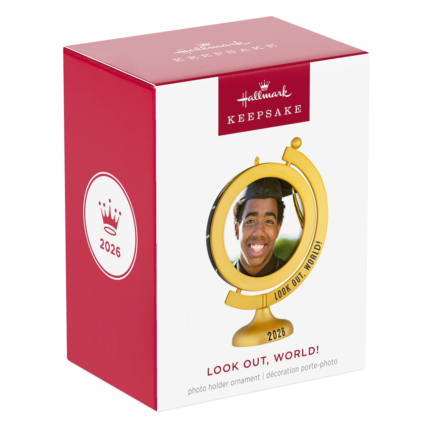 Look Out, World! 2026 Photo Frame — 2026 Hallmark Keepsake Christmas Ornament in display box with gold globe design and photo holder feature.