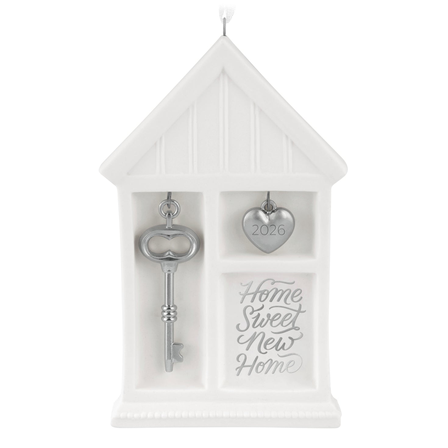 Home Sweet New Home 2026, porcelain and metal ornament featuring a house shape, silver key, and heart charm for Christmas.