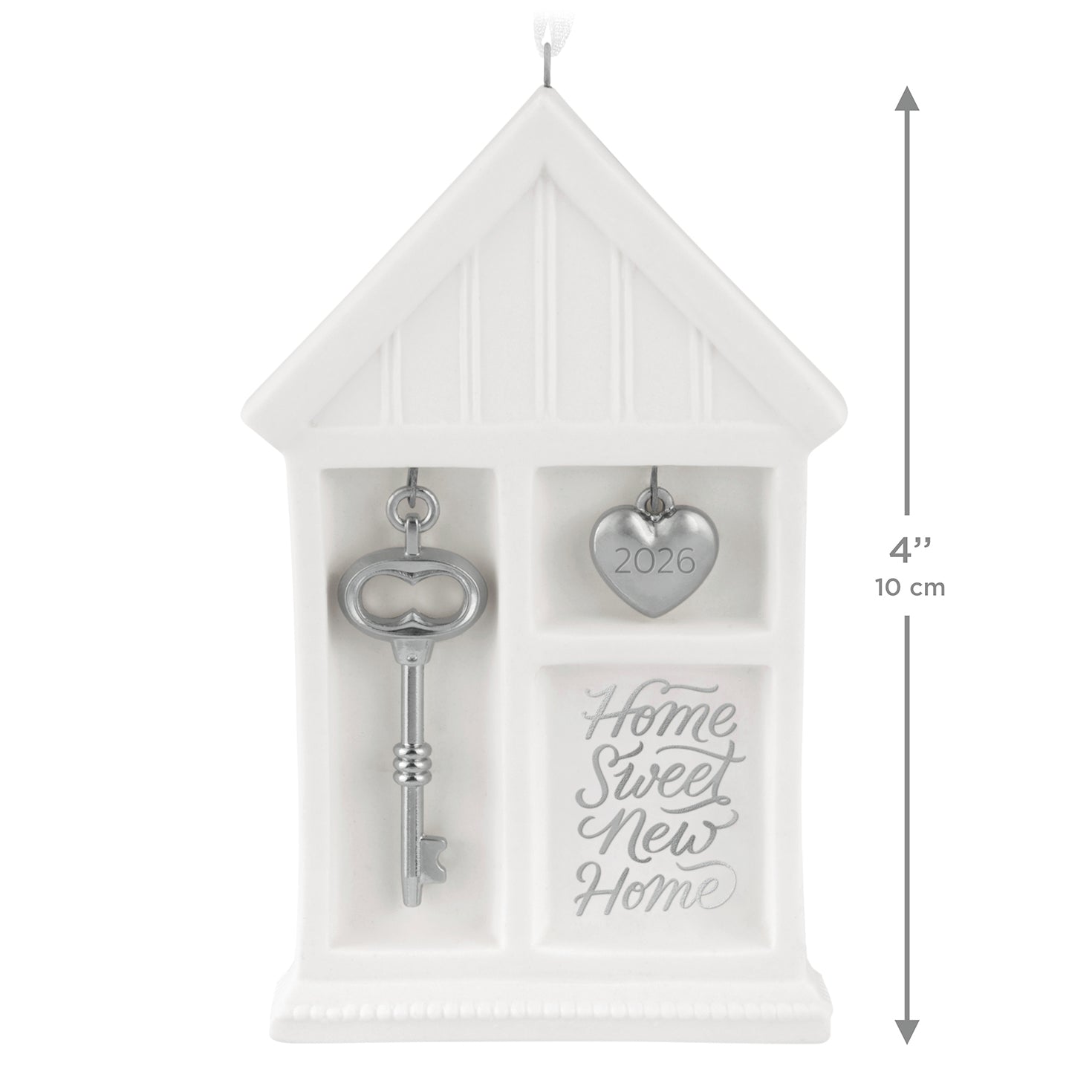 Home Sweet New Home 2026, porcelain and metal — 2026 Hallmark Keepsake Christmas Ornament, featuring a silver key and heart charm, flat lay.