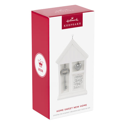 Home Sweet New Home 2026, porcelain and metal — 2026 Hallmark Keepsake Christmas Ornament in gift box with key and heart charm.