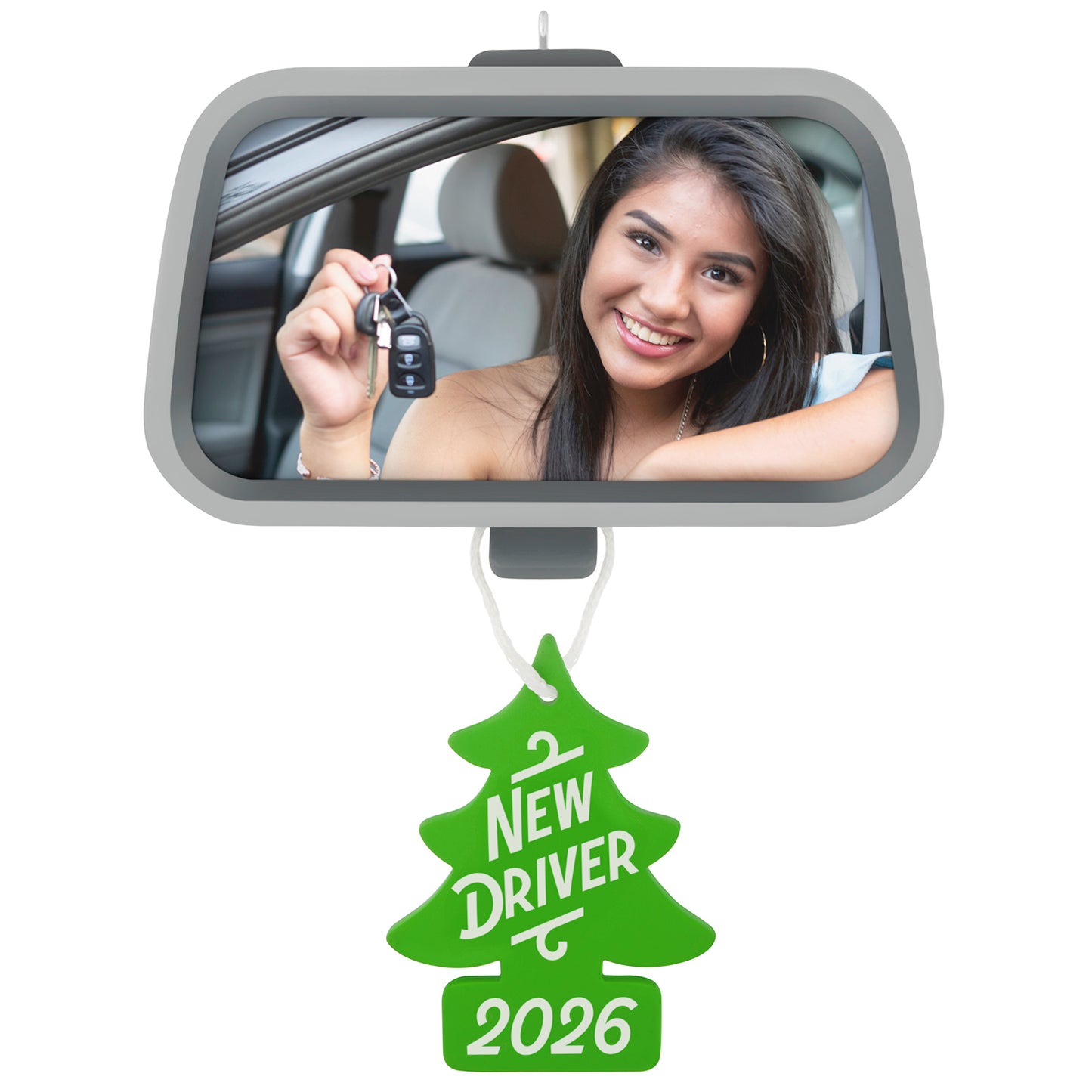 New Driver 2026 Photo Frame — 2026 Hallmark Keepsake Christmas Ornament featuring a car mirror design and a green tree air freshener.