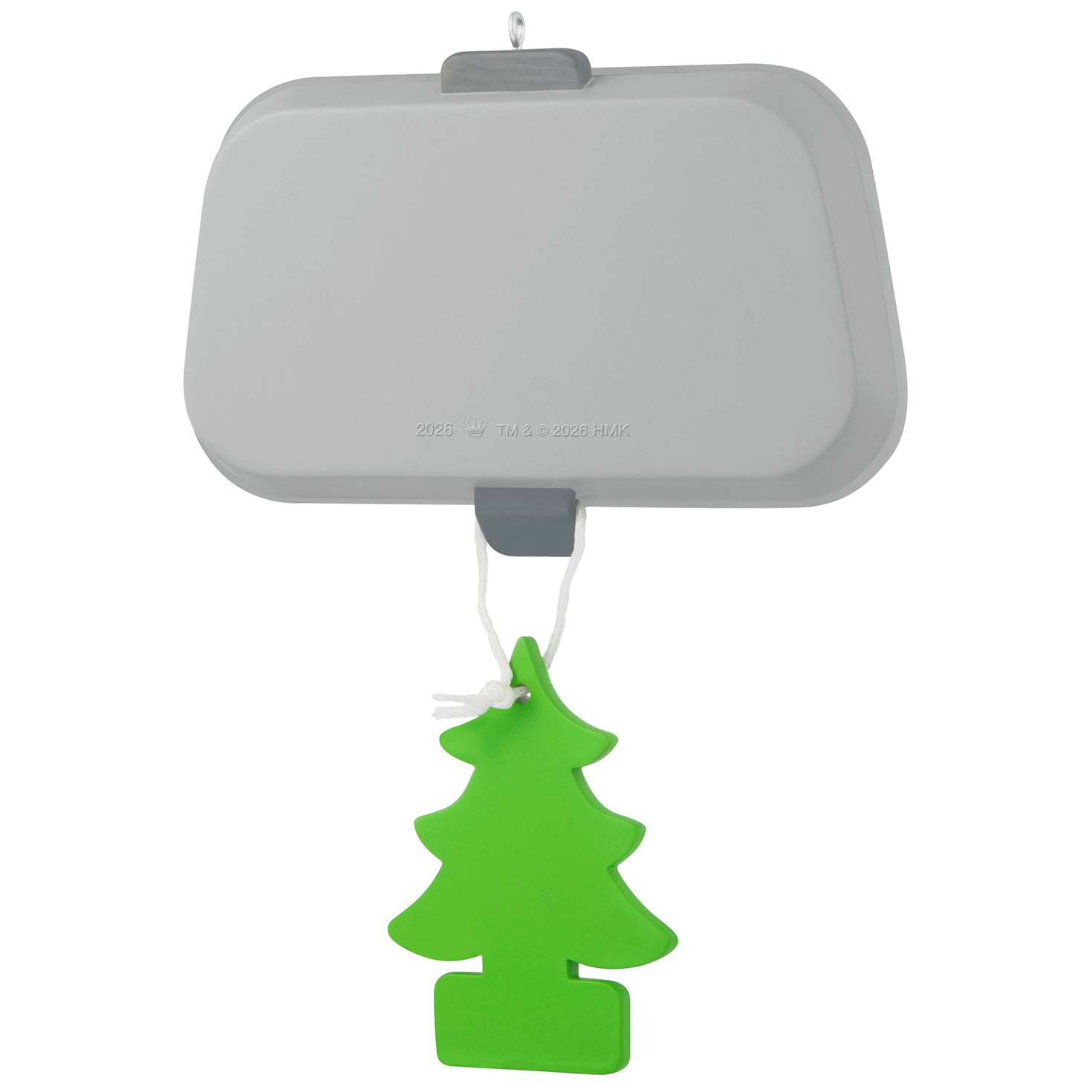 New Driver 2026 photo frame — 2026 Hallmark Keepsake Christmas Ornament with a grey mirror design and green evergreen air freshener.