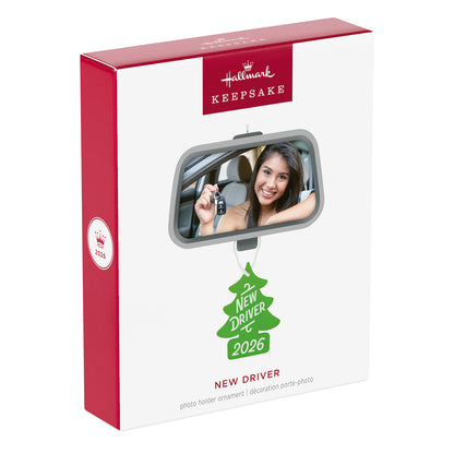 New Driver 2026 photo frame – 2026 Hallmark Keepsake Christmas Ornament, packaged box displaying rearview mirror design and festive air freshener.