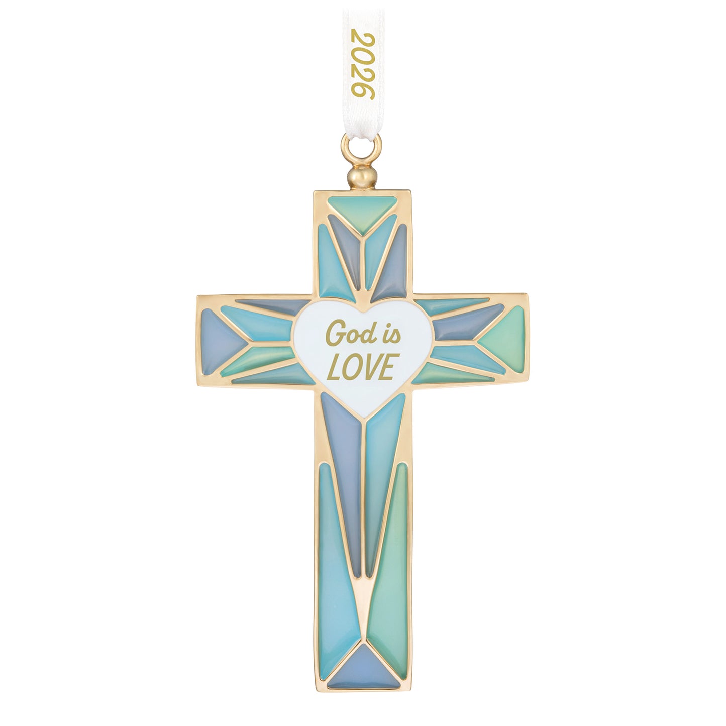 God is Love 2026, Metal — 2026 Hallmark Keepsake Christmas Ornament in stained glass design with blue hues and white heart.