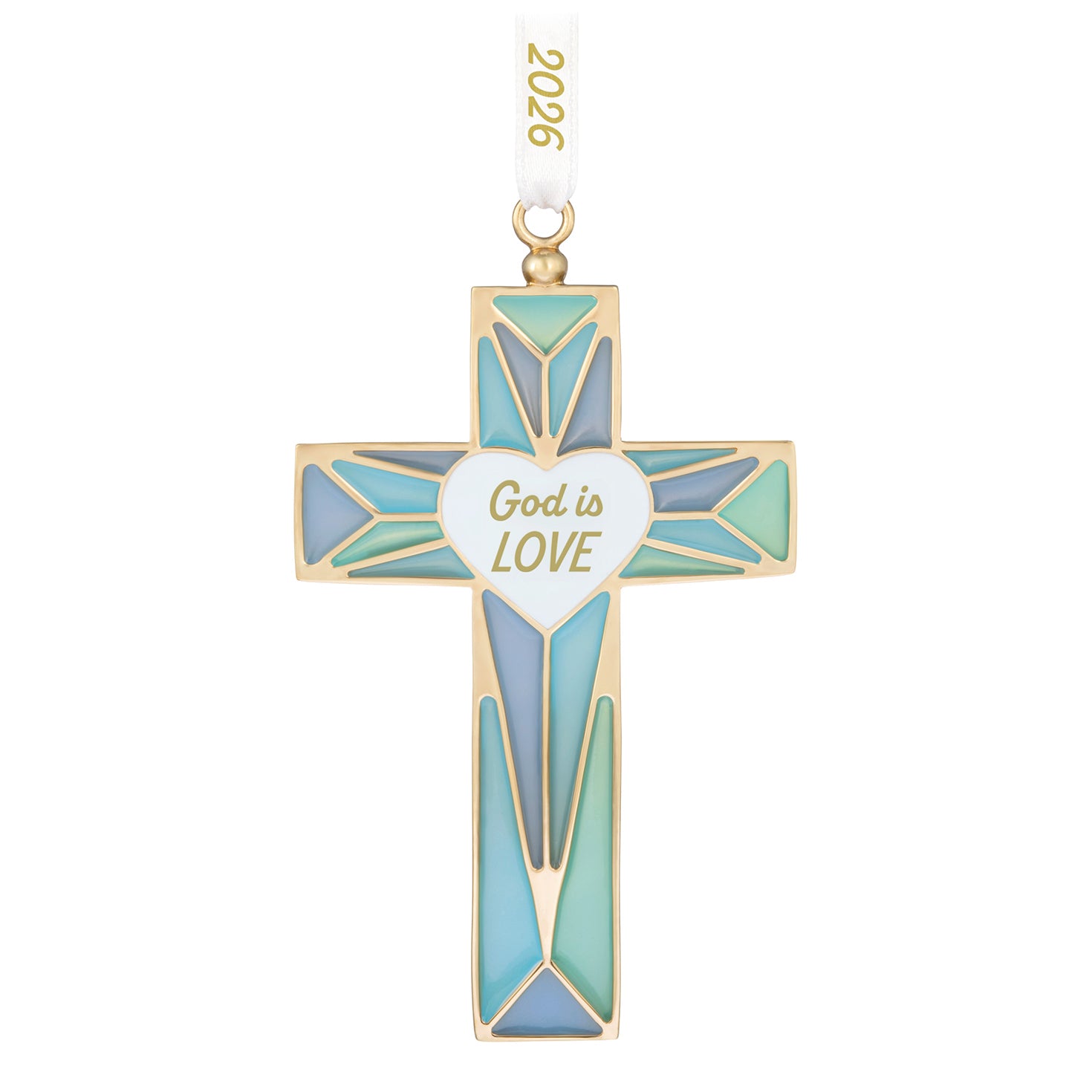 God is Love 2026, Metal — 2026 Hallmark Keepsake Christmas Ornament in stained glass design with blue hues and white heart.