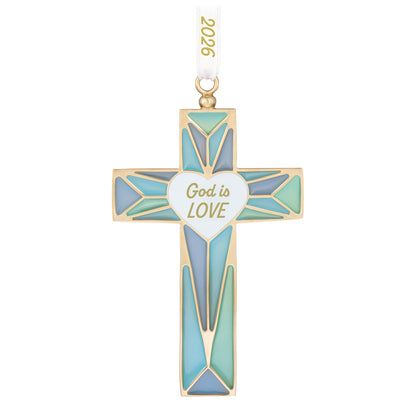 God is Love 2026, Metal — 2026 Hallmark Keepsake Christmas Ornament in stained glass design with blue hues and white heart.