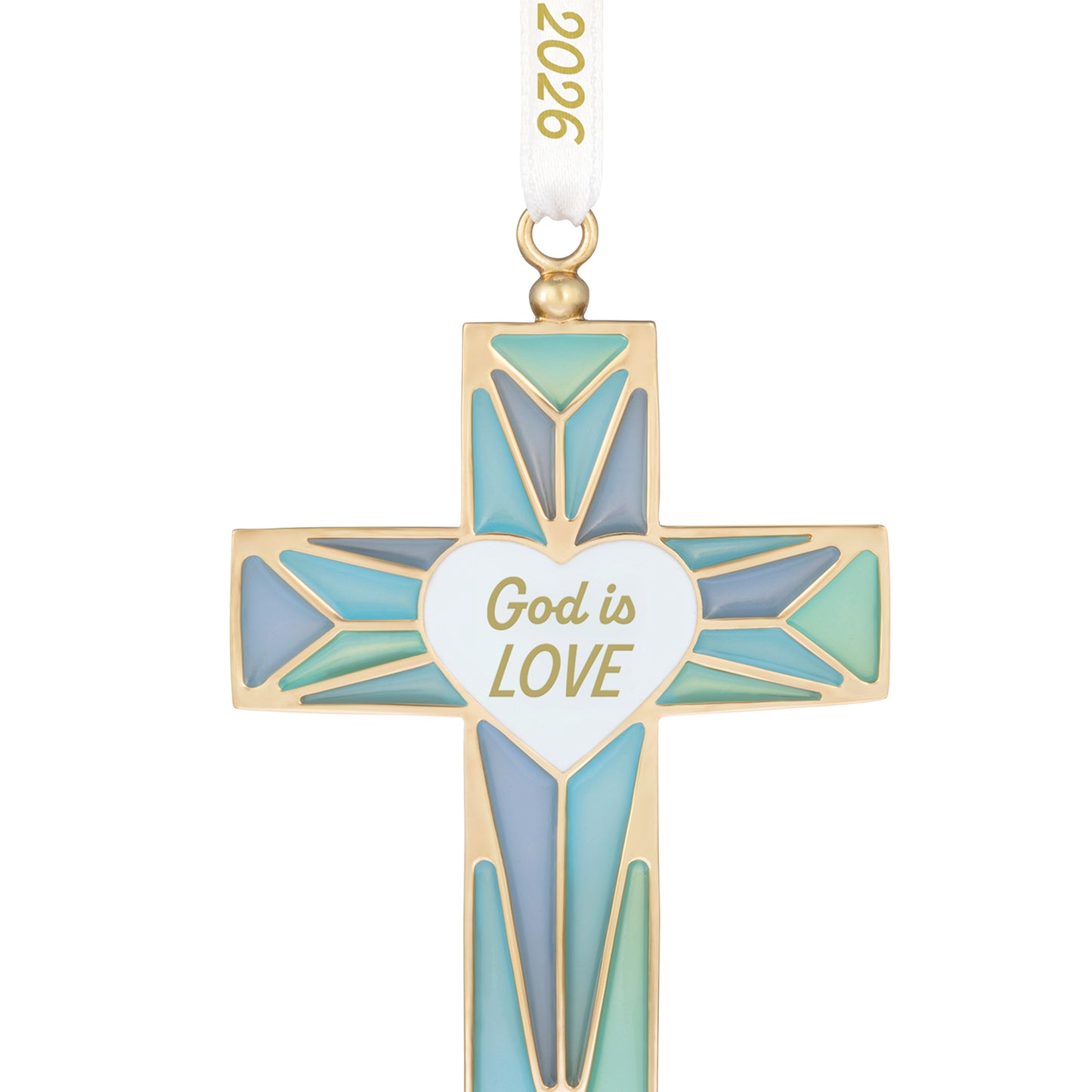 God is Love 2026, Metal — 2026 Hallmark Keepsake Christmas Ornament in gold and blue with a heart-shaped centre detail.