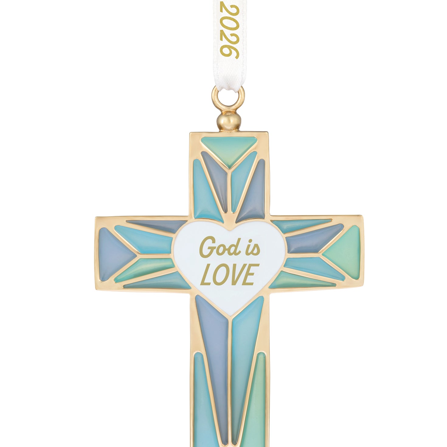 God is Love 2026, Metal — 2026 Hallmark Keepsake Christmas Ornament in gold and blue with a heart-shaped centre detail.