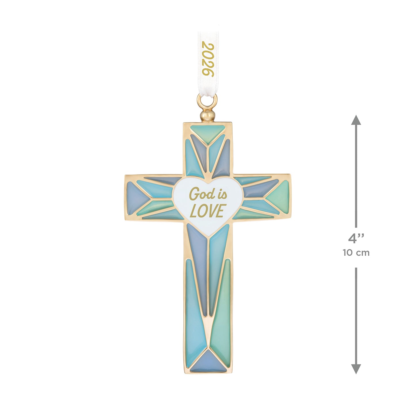 God is Love 2026, Metal — 2026 Hallmark Keepsake Christmas Ornament in gold metal with stained glass detailing, flat lay view.