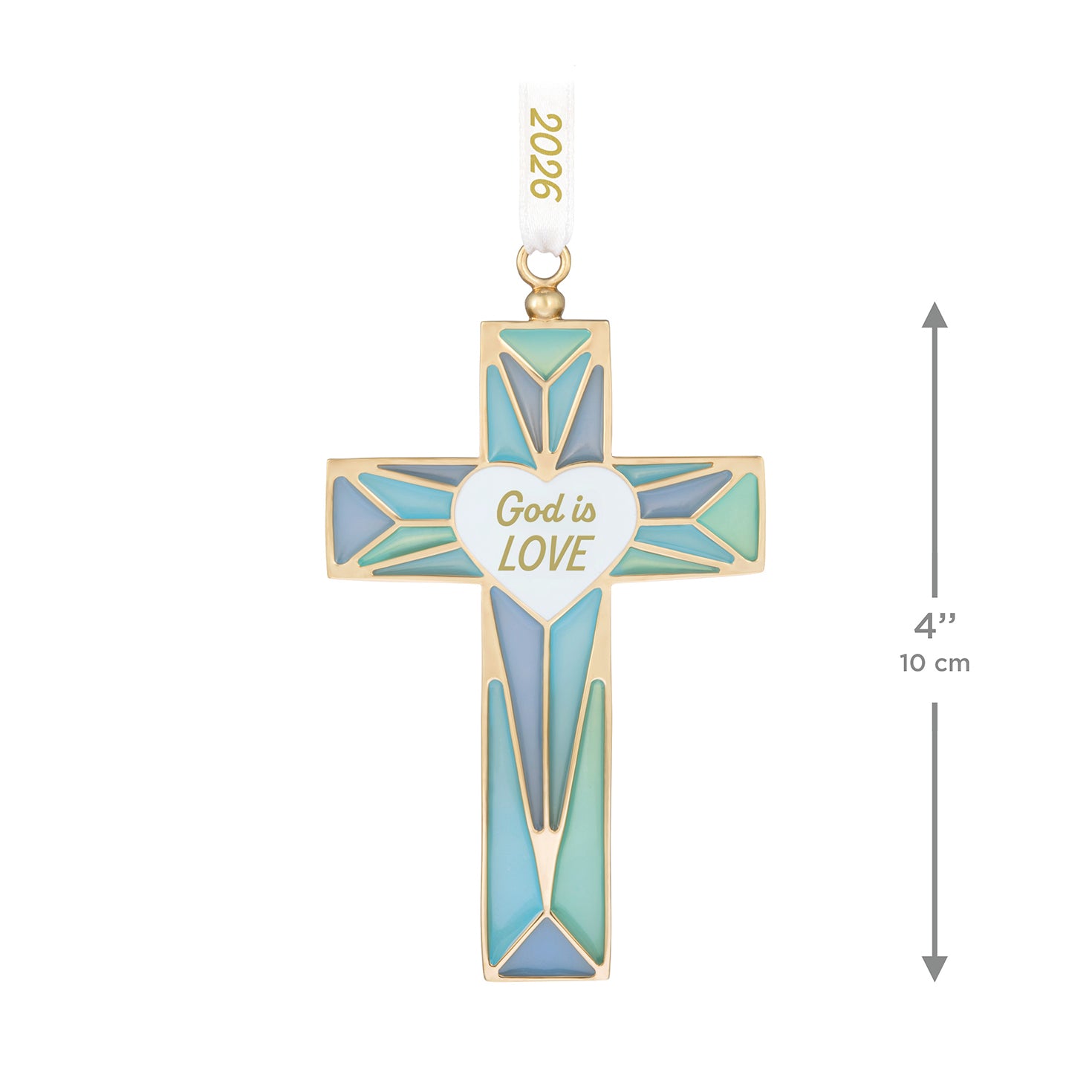 God is Love 2026, Metal — 2026 Hallmark Keepsake Christmas Ornament in gold metal with stained glass detailing, flat lay view.