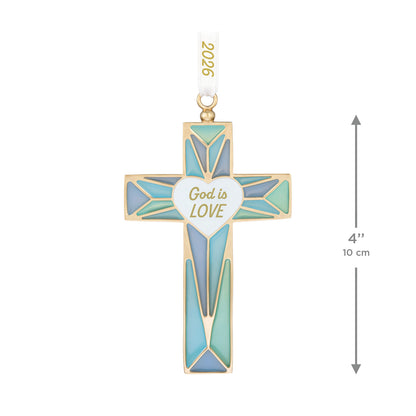 God is Love 2026, Metal — 2026 Hallmark Keepsake Christmas Ornament in gold metal with stained glass detailing, flat lay view.