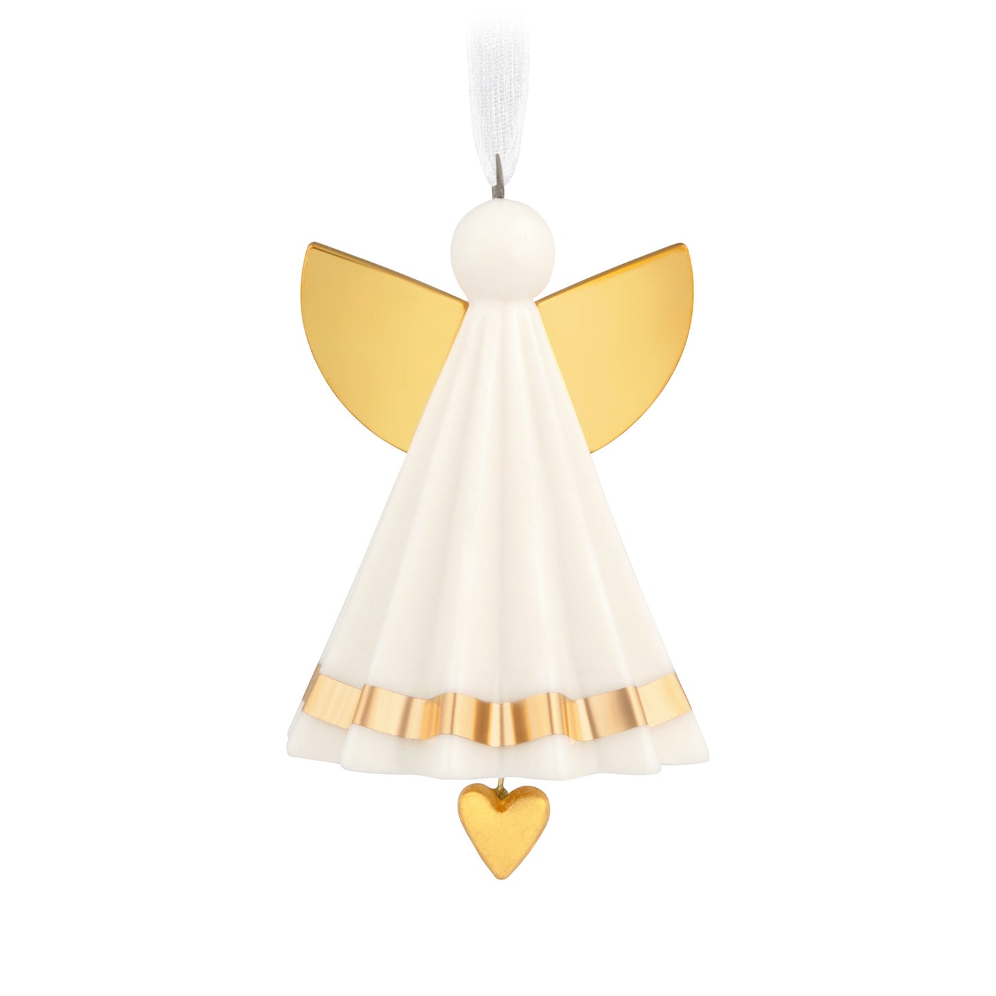 Petite Angel, Porcelain — 2026 Hallmark Keepsake 1.25" Mini Christmas Ornament in white with gold accents and dangling heart charm, close-up.