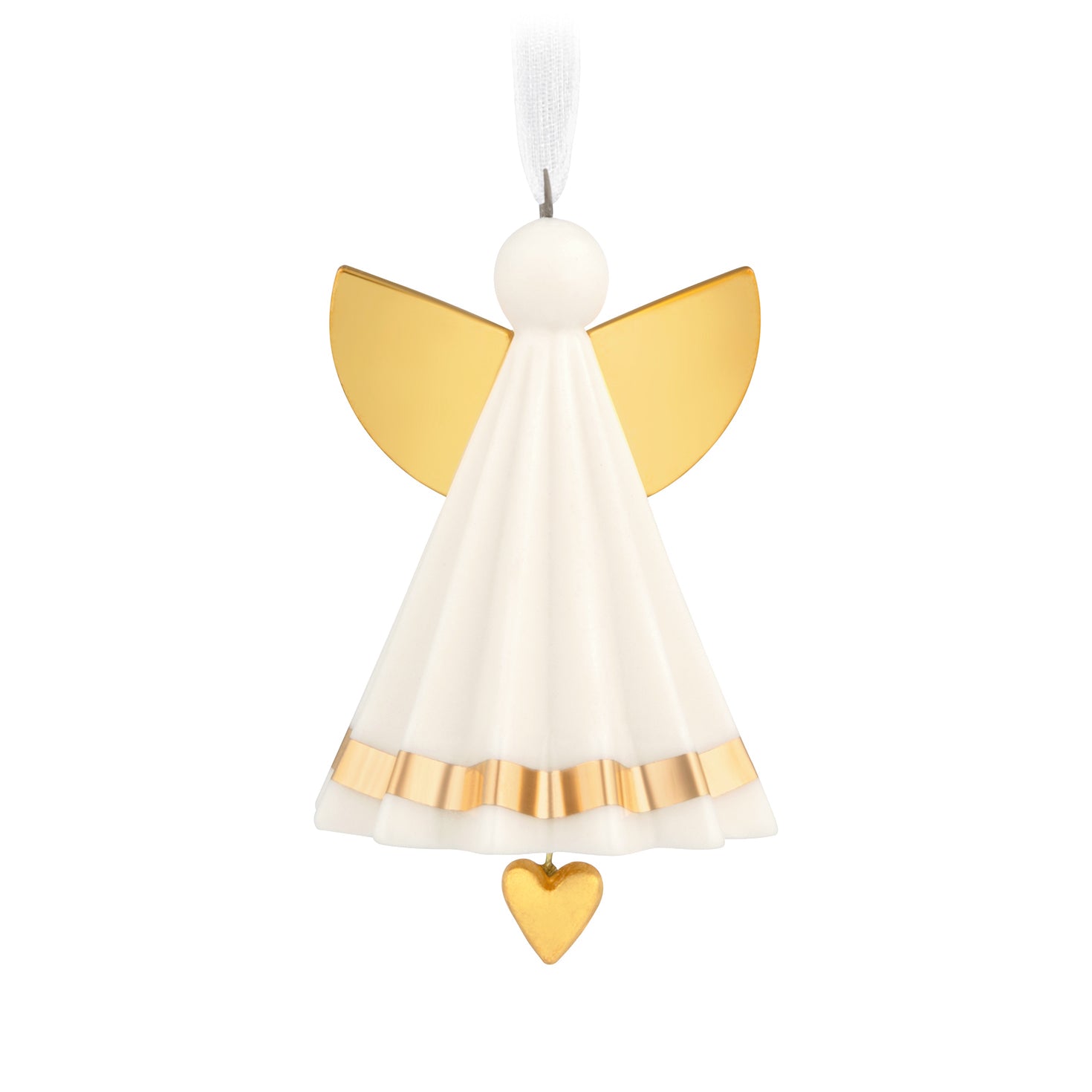 Petite Angel, Porcelain — 2026 Hallmark Keepsake 1.25" Mini Christmas Ornament in white with gold accents and dangling heart charm, close-up.
