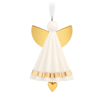 Petite Angel, Porcelain — 2026 Hallmark Keepsake 1.25" Mini Christmas Ornament in white with gold accents and dangling heart charm, close-up.