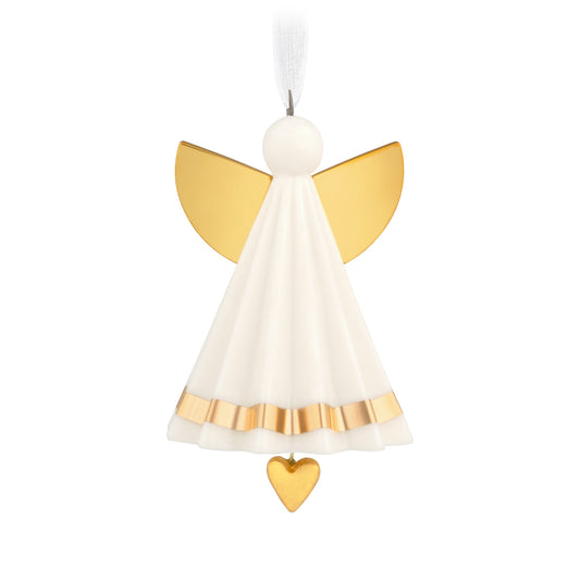 Petite Angel, Porcelain — 2026 Hallmark Keepsake 1.25" Mini Christmas Ornament in white with gold accents and dangling heart charm, close-up.