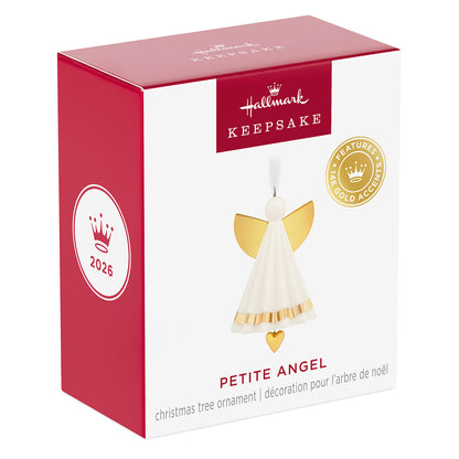 Petite Angel, Porcelain — 2026 Hallmark Keepsake 1.25" Mini Christmas Ornament box packaging featuring gold accents and dangling heart charm