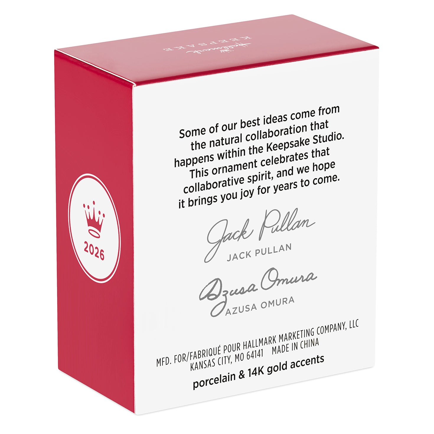 2026 Hallmark Keepsake ornament packaging featuring porcelain and 14k gold accents, showcasing collaboration details by designers.