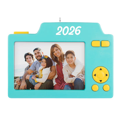 Pics or It Didn't Happen 2026 Photo Frame — 2026 Hallmark Keepsake Christmas Ornament, bright blue camera design with family photo.
