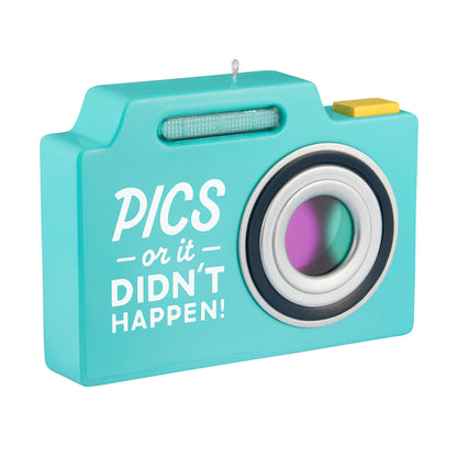 Pics or it didn't happen 2026 photo frame — 2026 Hallmark Keepsake Christmas ornament in bright blue camera design, angled view.