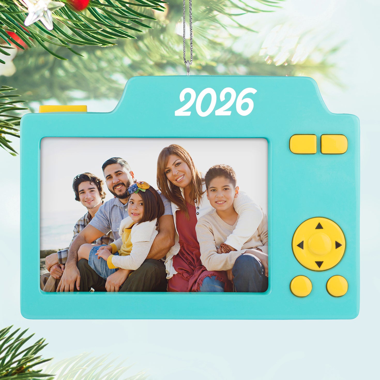 Pics or It Didn't Happen 2026 photo frame — 2026 Hallmark Keepsake Christmas Ornament featuring a bright blue camera design showcasing a family photo.