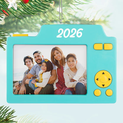 Pics or It Didn't Happen 2026 photo frame — 2026 Hallmark Keepsake Christmas Ornament featuring a bright blue camera design showcasing a family photo.