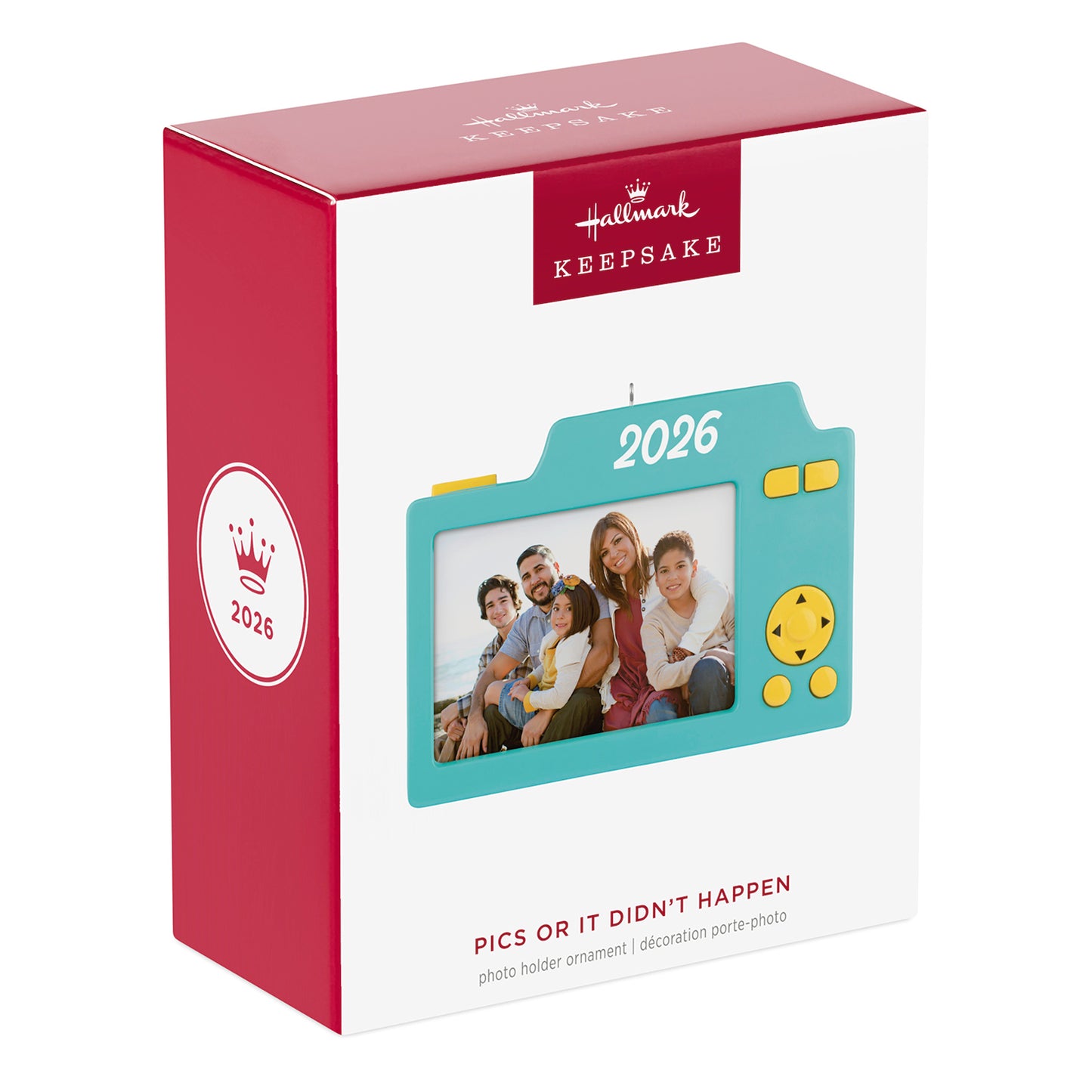 Pics or It Didn't Happen 2026 Photo Frame — 2026 Hallmark Keepsake Christmas Ornament in a vibrant blue camera design with packaging.