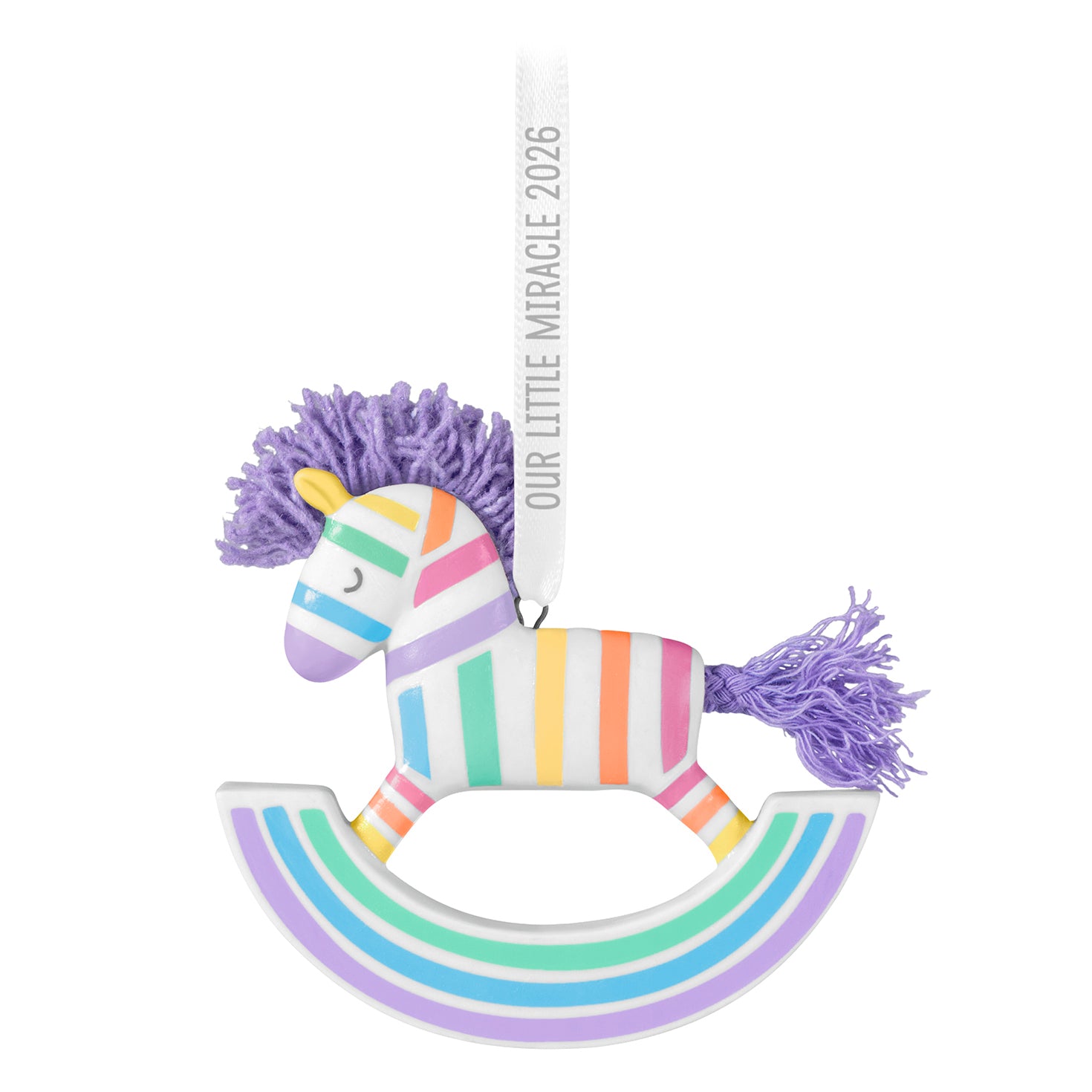 Our Little Miracle 2026, porcelain and fabric ornament, pastel striped rocking horse design with lavender mane, front view