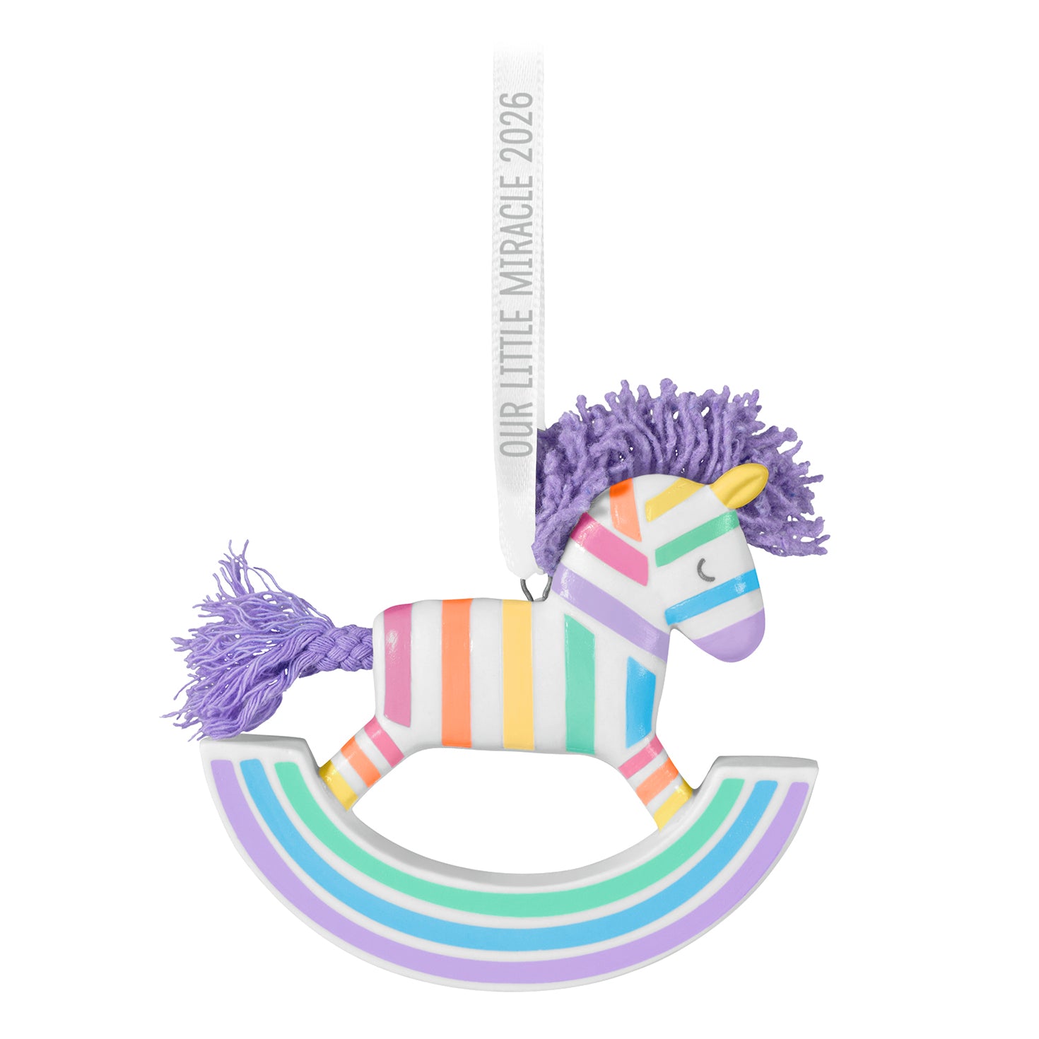 Our Little Miracle 2026, porcelain and fabric Christmas ornament featuring a pastel striped rocking horse with lavender details.