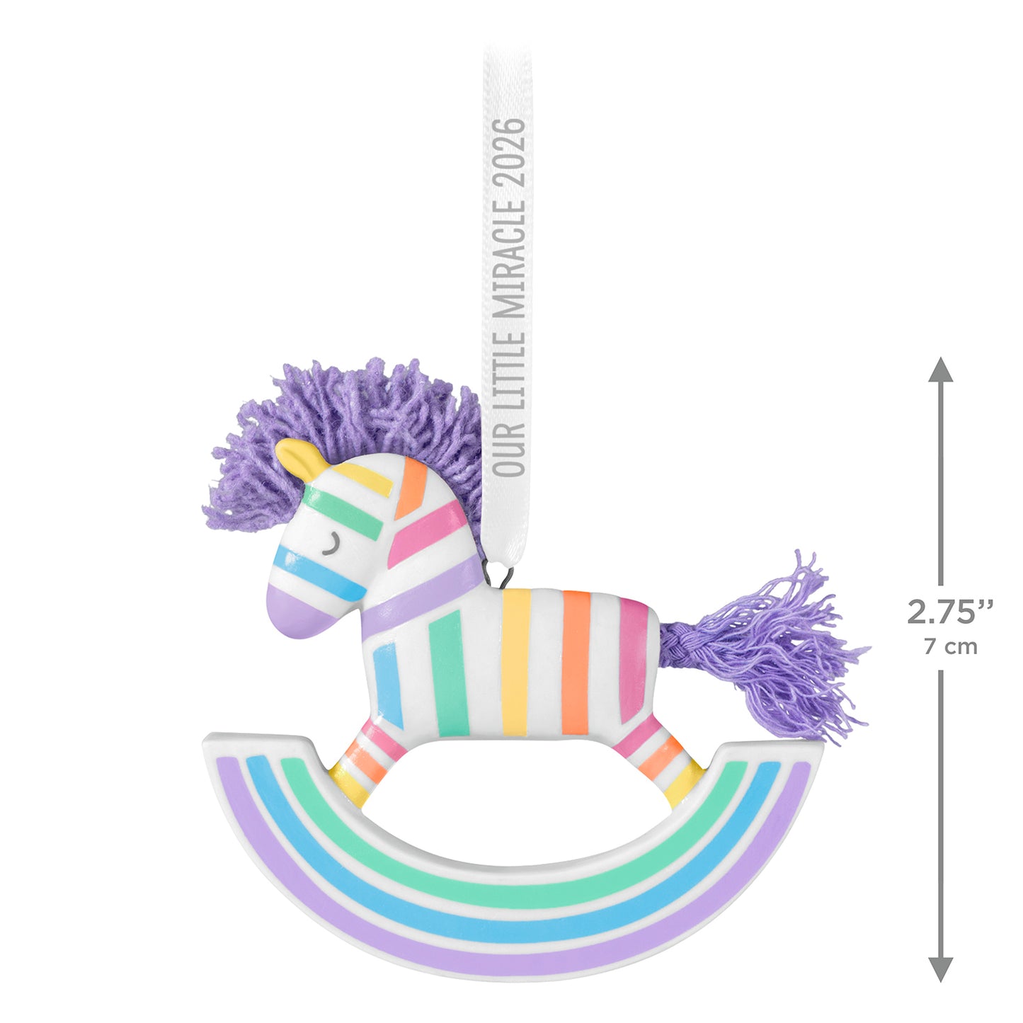 Our Little Miracle 2026, porcelain and fabric rocking horse ornament, featuring pastel stripes and lavender mane, hanging view.