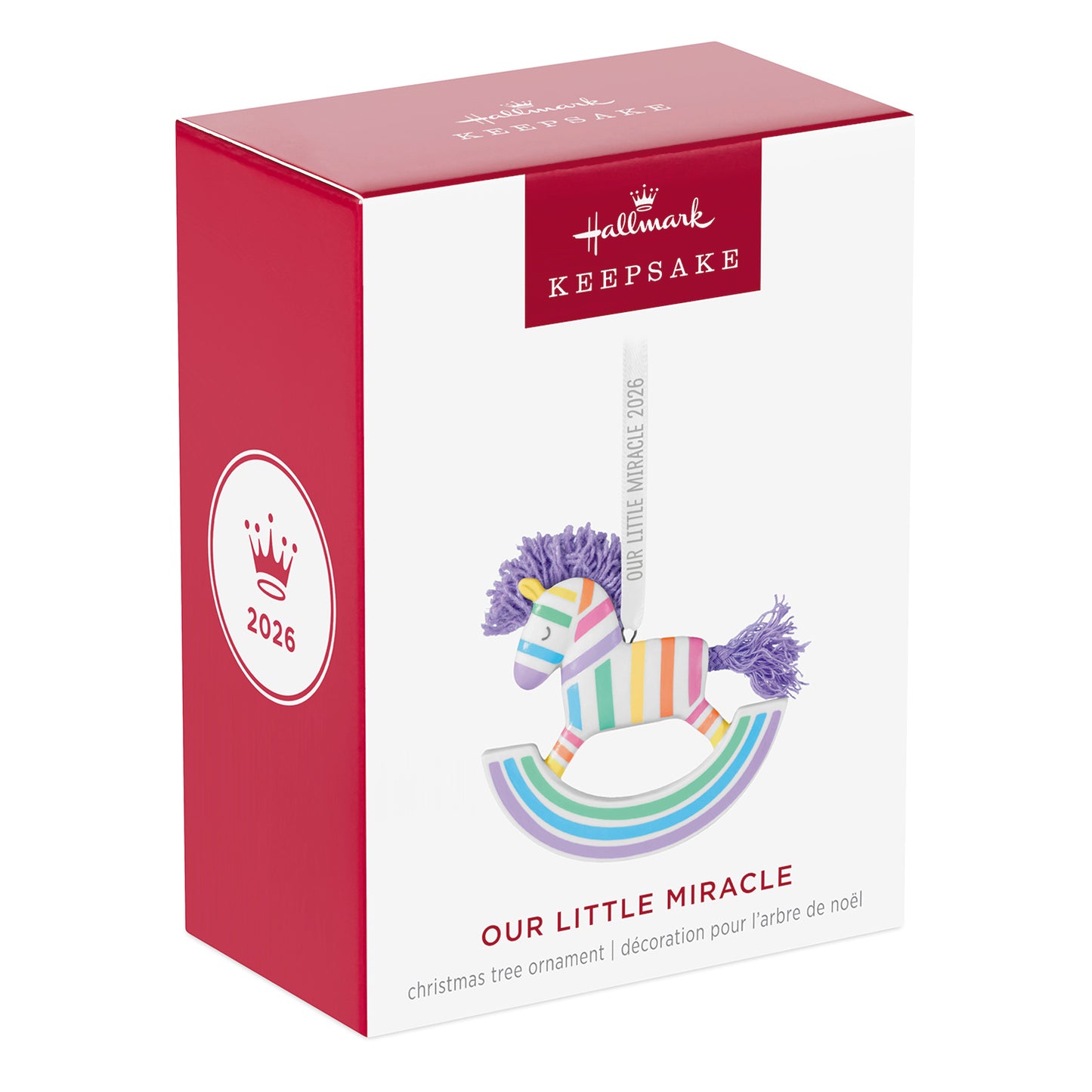 Our Little Miracle 2026, porcelain and fabric — 2026 Hallmark Keepsake Christmas Ornament in gift box with striped design.