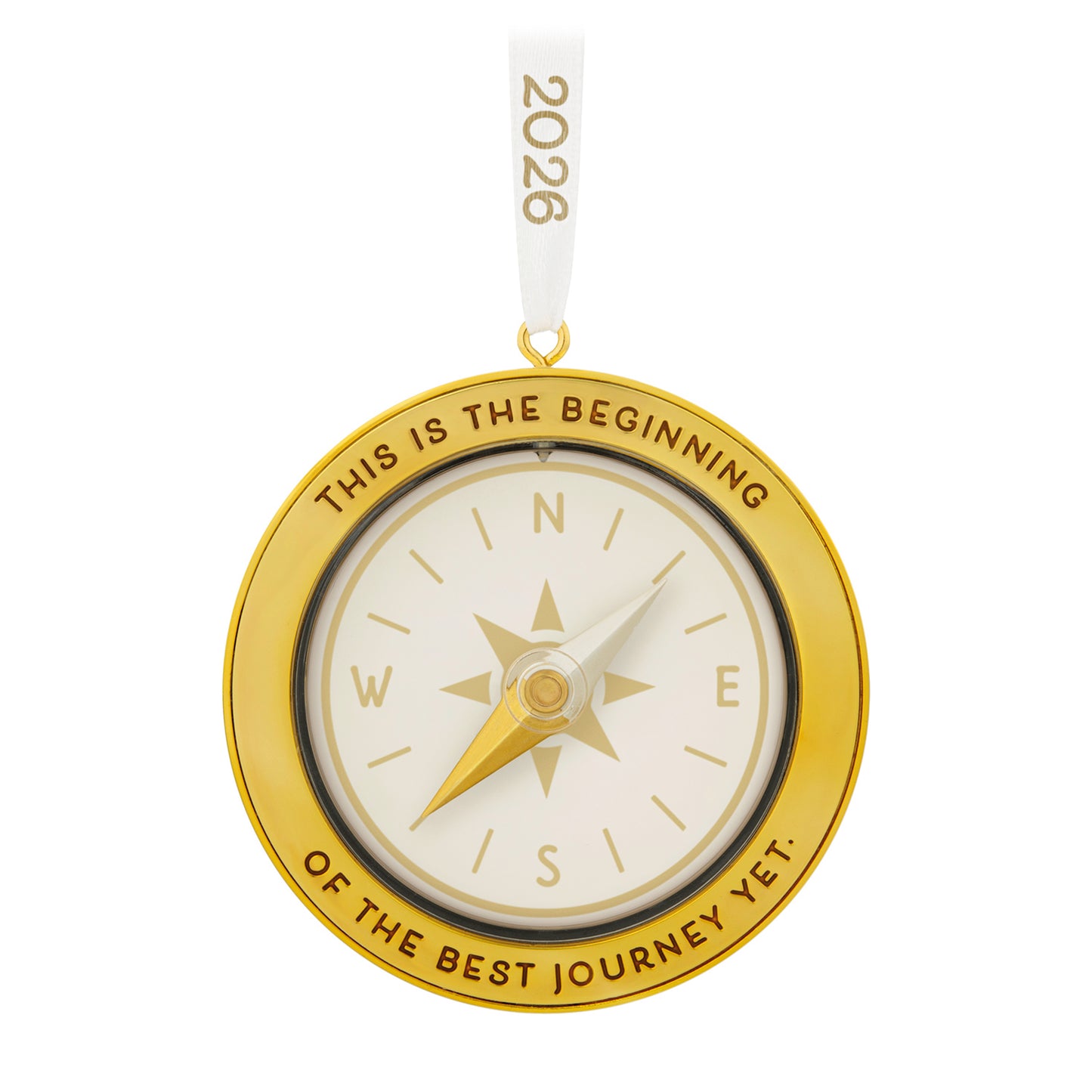 The Best Journey 2026, Metal — 2026 Hallmark Keepsake Christmas Ornament features a compass design with gold accents and an inspiring message.