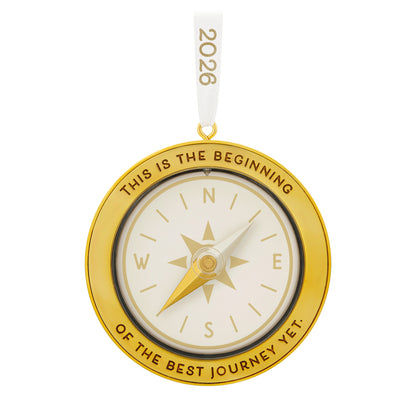 The Best Journey 2026, Metal — 2026 Hallmark Keepsake Christmas Ornament features a compass design with gold accents and an inspiring message.