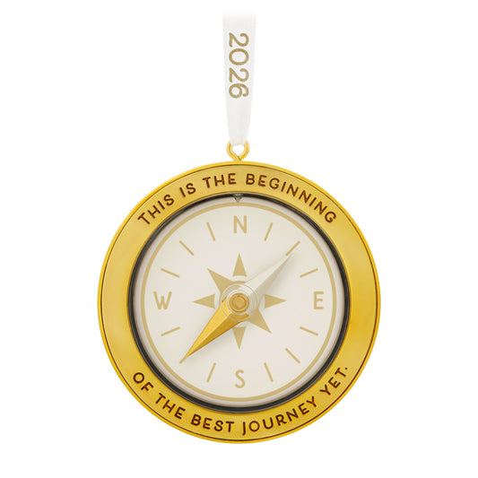 The Best Journey 2026, Metal — 2026 Hallmark Keepsake Christmas Ornament features a compass design with gold accents and an inspiring message.