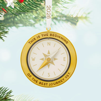 The Best Journey 2026, Metal — 2026 Hallmark Keepsake Christmas Ornament, gold compass design with inspirational message, close up.