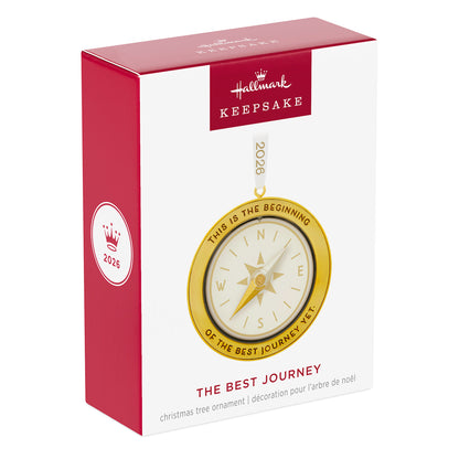 The Best Journey 2026, Metal — 2026 Hallmark Keepsake Christmas Ornament presented in a decorative gift box with compass design.