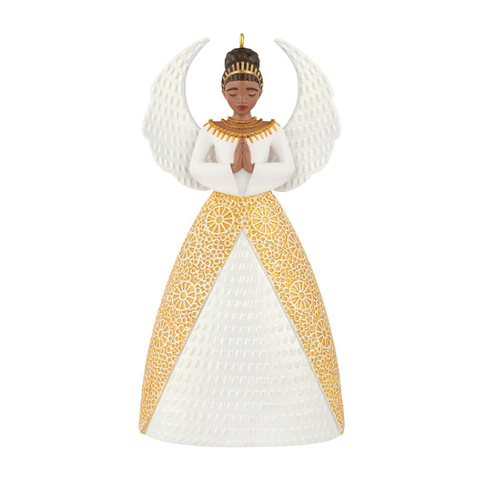 Serene Angel — 2026 Hallmark Keepsake Christmas Ornament, elegant gold and white angel with textured wings, front view