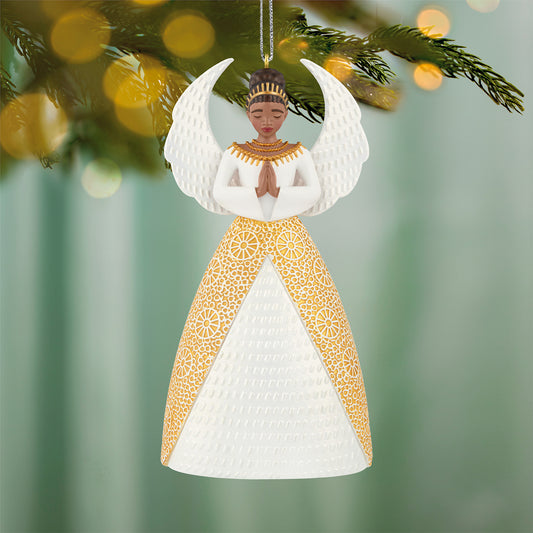 Serene Angel — 2026 Hallmark Keepsake Christmas Ornament, elegant design, textured wings, detailed gold and white gown, close-up view.