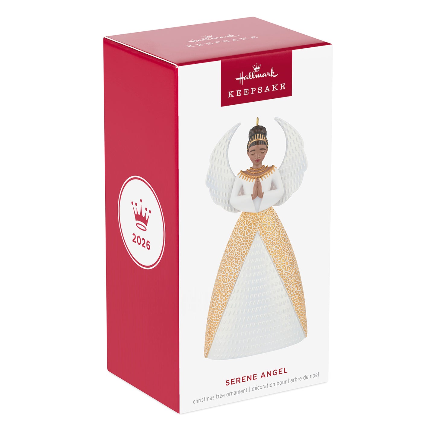 Serene Angel — 2026 Hallmark Keepsake Christmas Ornament, gift box, featuring textured wings and gold accents.