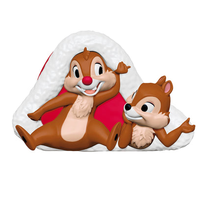 Disney Chip 'N Dale Cozy Little Christmas — 2026 Hallmark Keepsake Christmas Ornament featuring Chip and Dale in Santa hat, playful design, flat lay view.