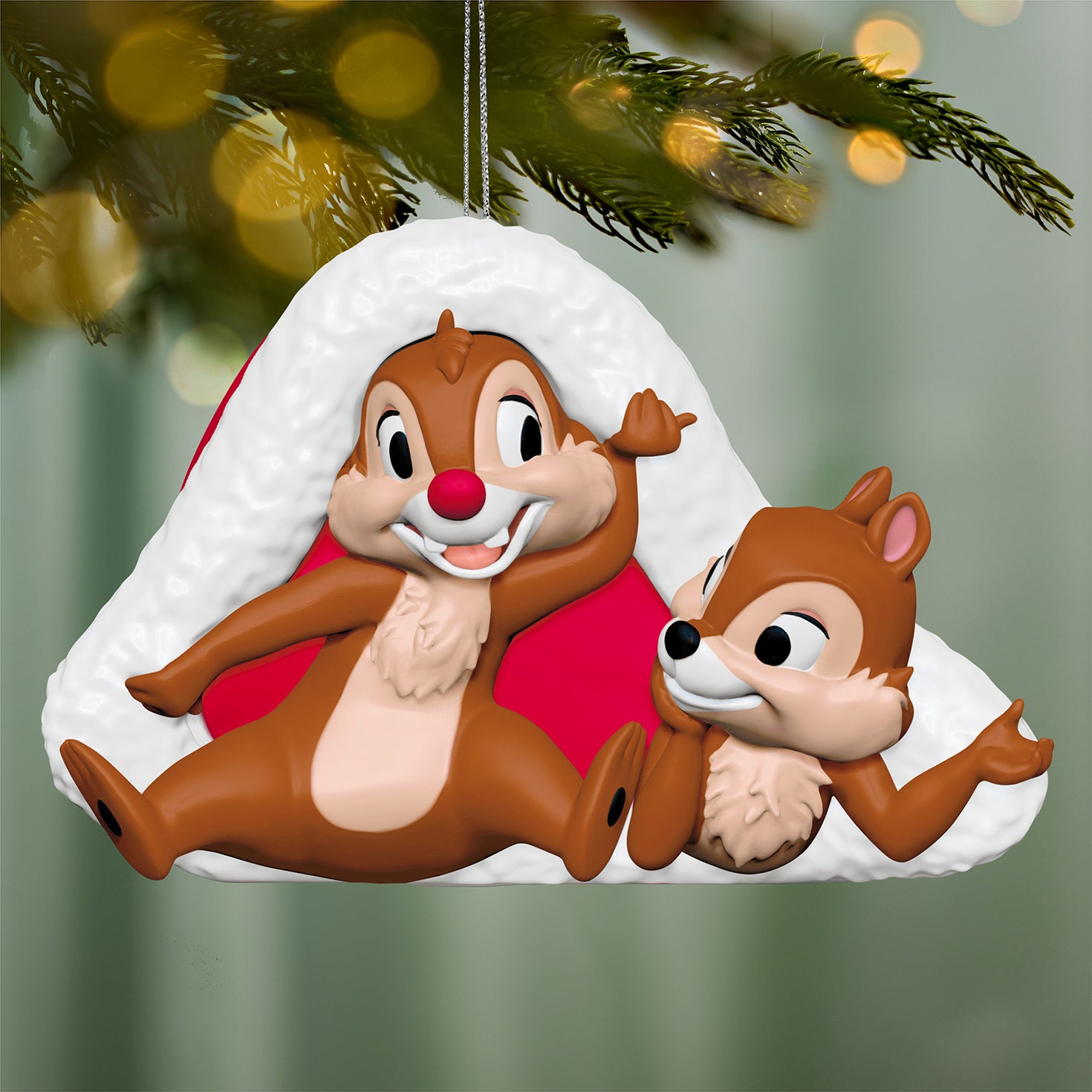 Disney Chip 'N Dale Cozy Little Christmas — 2026 Hallmark Keepsake Christmas Ornament featuring Dale and Chip in a Santa hat, close up